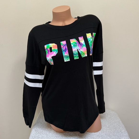 PINK Victoria's Secret Tops - Victoria’s Secret PINK Cut Open Back Varsity Crew Tee Shirt Tropical Palm XS